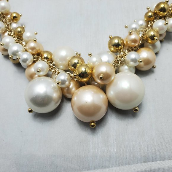 AQUA Faux pearl cluster multi beaded with taupe fabric bib necklace - Picture 6 of 7